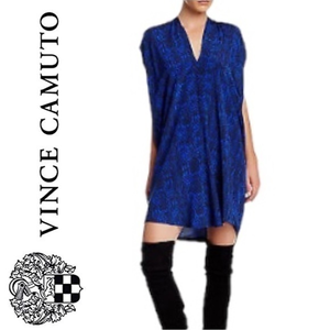 💜 VINCE 100% Silk V- Neck Printed Cobalt/ Coastal Dress Size Small‎